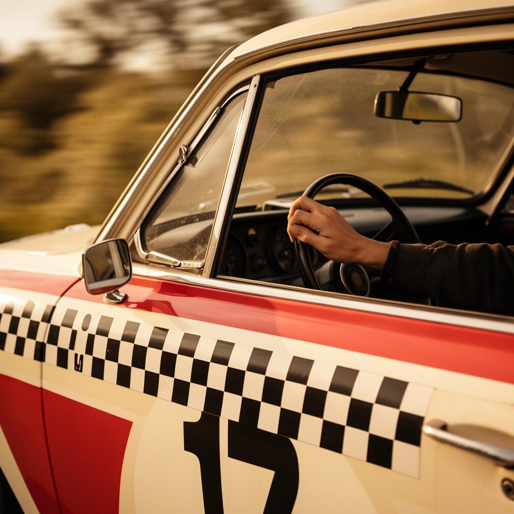 Vintage rally car with checkered livery