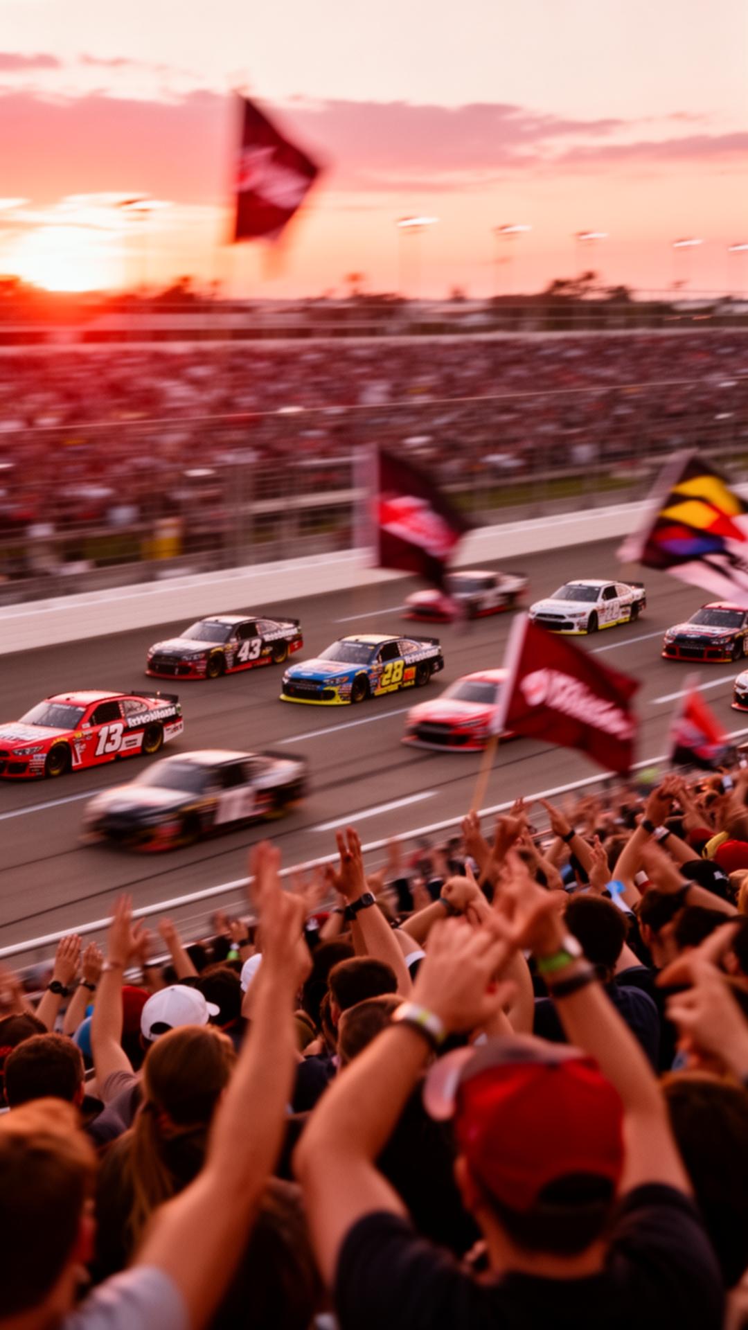 Rally crowd at sunset cheering as cars cross the line